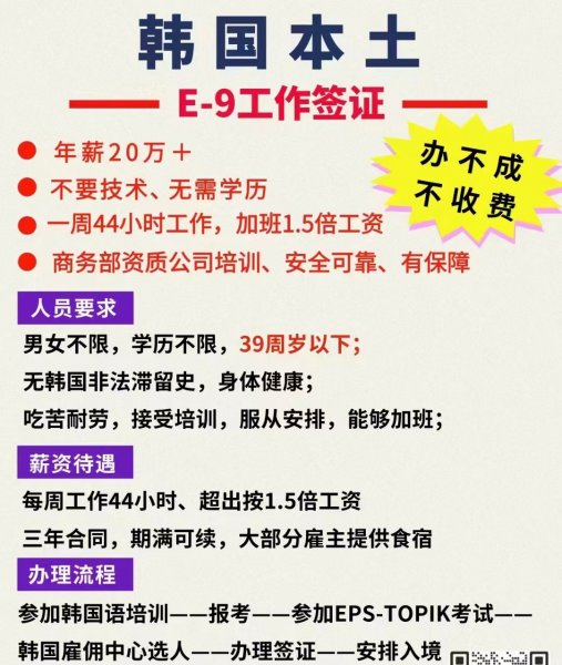 韩国正规工作签 年薪20万 不成功不收钱